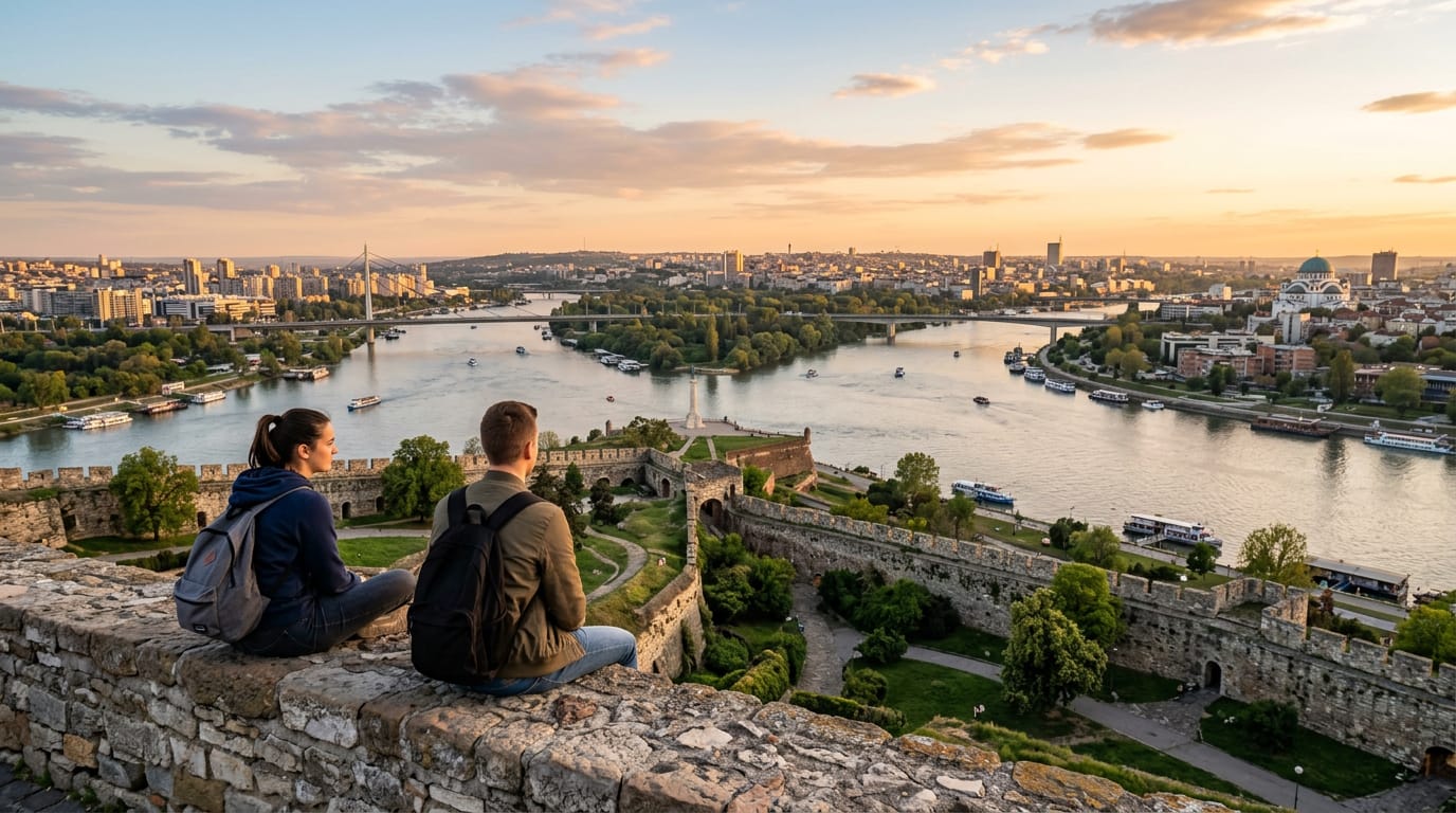 Belgrad Kalemegdan Kalesi'nden Sava ve Tuna nehirlerinin birleştiği noktaya bakan öğrenciler